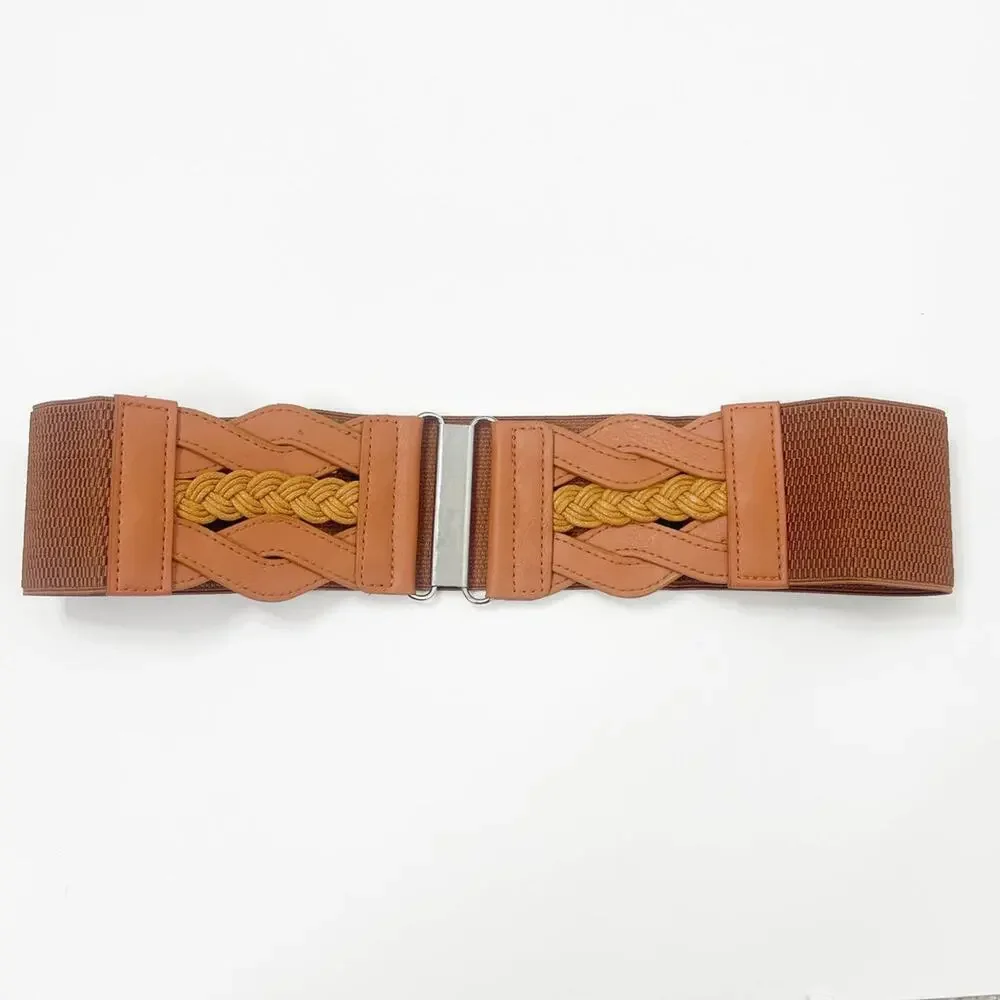 2/$30 New Elastic Wide Waist Belt Braided Camel Brown Caramel Tan